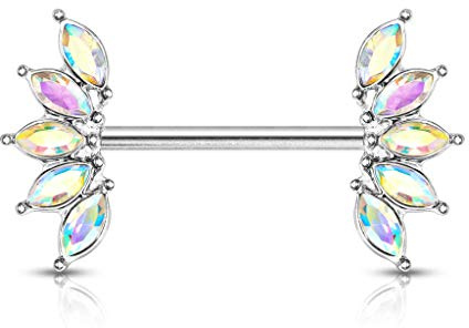 beyoutifulthings Piercing Kristall-Fächer Brust- und Nippel-Piercing Chirurgenstahl Silber Regenbogen Stab 1,6/16mm