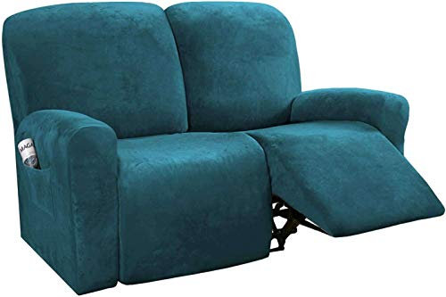 HKPLDE Samt Stretch Sesselbezug 6-Stücke Sesselschoner 2 Kissen Sofa Schonbezüge Möbelschutz Soft Washable-Tiefes Wasser blau