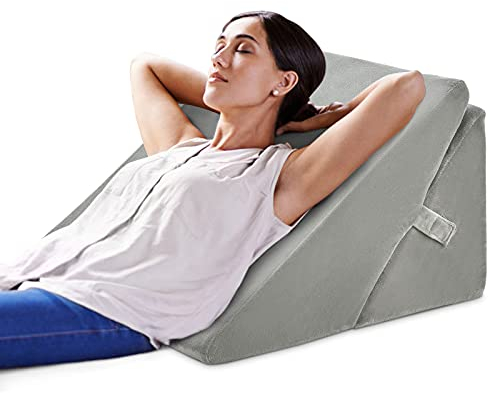GOPLUS Keilkissen für Bett Lesekissen Bücherkissen zum Relaxen, Memory Foam Bezug Waschbar, Beinkissen Rückenkissen Ergonomisch mit Griff Venenkissen Relaxkissen für Couch Sofa, 58x36x51cm (Grau)