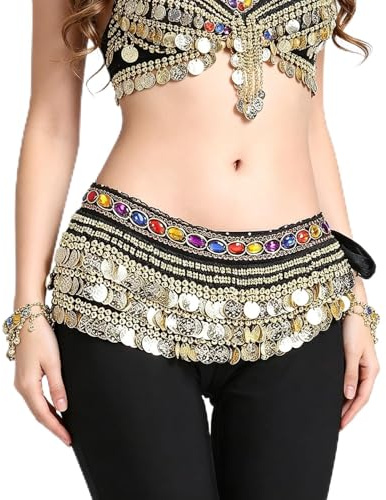 Leemiman Women Belly Dance Coin Belt Hip Scarf (Black)