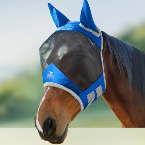 Harrison Howard Pro Luminous Horse Fly Mask Large Eye Space Standard with Ears UV Protection for Horse Signature Blue Medium Cob