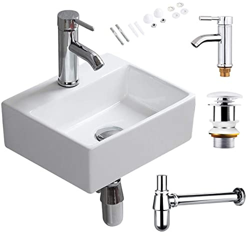 CROSS ZEBRA Rechteckiges Waschbecken mit Wasserhahn, Ablaufgarnitur, P-Falle, Wandmontage, Hochtemperatur-Keramikgefäß Weiß schlichtes Design, glänzende Oberfläche, für Badezimmer, Toilette, Garderobe