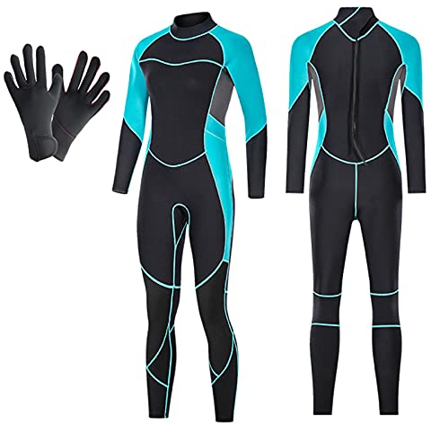 HGYJ Damen 3mm Neopren Neoprenanzug,Einteilige Langarmhose Super elastisch Tauchanzüge+ Neoprenhandschuhe,zum Angeln/Schnorcheln/Surfen,Blue,M