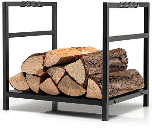 COSTWAY Soporte para Leña, Estante de Leña de Alta Resistencia con una Sola Asa y Pies Elevados, Leñero para Chimenea, Estufa, Pozo de Fuego, Fácil de Montar, Negro