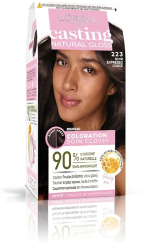 L'ORÉAL PARIS - Tinte para cabello duradero - Color ultra brillante - Sin amoniaco - 90 % de ingredientes de origen natural - Casting Natural Gloss - Tono: Negro Espresso Corse (223)