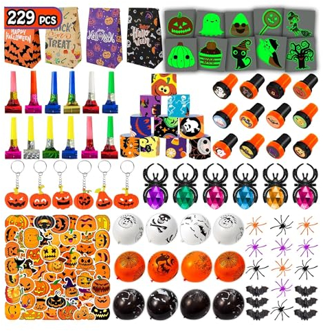 Leesgel Halloween Party Mitgebsel für Kinder, 229pcs Süßigkeiten Tasche/Ballon/Slap Armband/Stempel/Spinne/Fledermaus/Tattoos Aufkleber, Geschenke Spiele Preise Deko