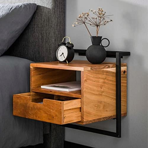 RINGO-Living Massivholz Nachttisch Lolei Hängend, Metall & Holz mit Schublade & Fach, Dunkelbraunes Wandregal mit Schwarzem Metallrahmen Schwebend