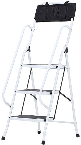 HOMCOM Escalera Plegable de 3 Peldaños con Bolsa de Herramientas, Escalera de Tijera, Carga 150 kg, con Peldaños Anchos Antideslizantes, Bloqueo de Seguridad, Apoyabrazos, Blanco y Negro