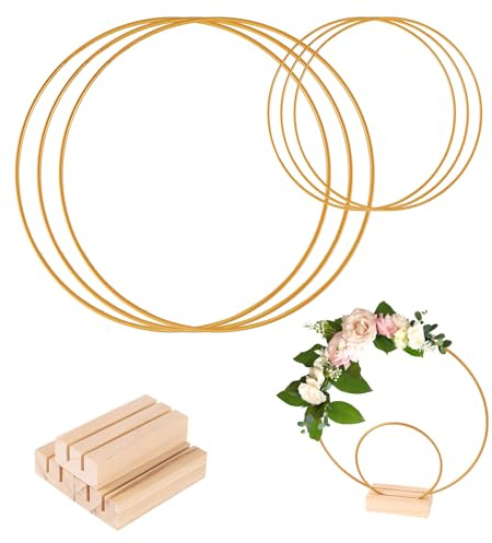 Bubuny 6 PCS de Centros de Mesa de Aro Floral de Metal con 6 Bases de Mesa de Madera,Anillos de Guirnalda Dorados de 20cm 10cm para Hacer Decoraciones de Coronas de Boda,Guirnaldas de Atrapasueños