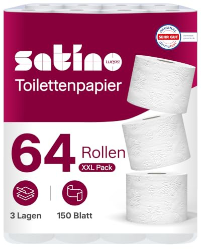 64 Rollen Toilettenpapier 3-lagig – 150 Blatt – 100% Zellstoff – Made in Germany - Satino - 8 Packs á 8 Rollen – für Zuhause, Hotels, Gastronomie, Gewerbe, Industrie