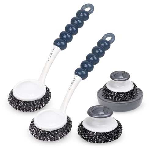 Stainless Steel Sponge Wool Scrubbers, Dish Metal Scrubber Dishwashing Sponge Dishes Scrub, Handheld Scrubbing Cleaner Brush Scouring Pad with Handle and Tray for Kitchen Cleaning 5 Pack (Grey)