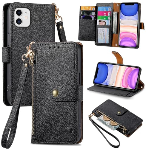 VEEMOS Handyhülle für Apple iPhone 11 Hülle Klappbar Klapphülle Schutzhülle mit Kartenfach RFID Reißverschluss Handy Tasche Leder Flip Case Cover Handytasche Frauen - Schwarz