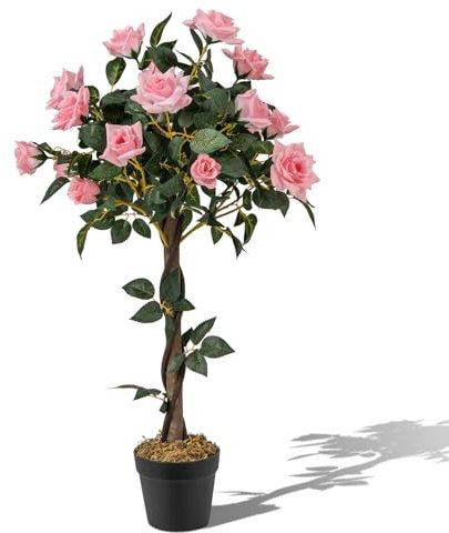 COSTWAY Albero Artificiale con Fiori, Albero di Fiori Finti da 93 CM con Rose, Vaso, Tronco in Legno Reale, Senza Manutenzione, Pianta Finta in Vaso per Ufficio, Casa e Portico