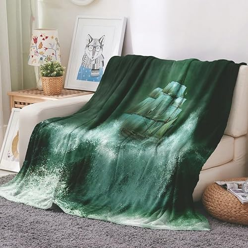 EHOMERY Kuscheldecke Warm Decke Zum Selber Gestalten Kuscheldecke Vintage Decke Dünn Leicht Segelboot Landschaft Herbst-Decke Dekorative Weiche Kuscheldecken Grün 200x150cm