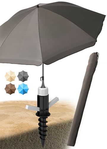 Menz Sonnenschirm Strand als Sonnenschutz Strand 3-IN-1 SET - UPF 50+ Strandschirm 180 cm in Taupe + stabile Sonnenschirm Bodenhülse + robuste Sonnenschirmhülle