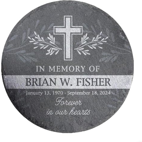 GiftsForYouNow Engraved Cross with Leaves Personalized Memorial Garden Stone, 10 in Diameter, Headstone, Temporary Grave Marker, Sympathy Gift Round Slate