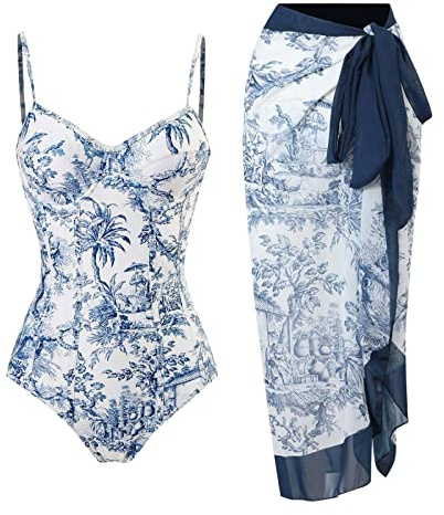 YUNAR Women Retro Deep Plunging One Piece Monokini Swimwear with Sarong 2 pcs Set (Blue and White - Underwired, S)