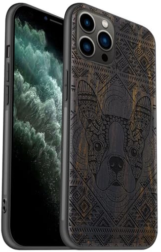 Carveit Coque en Bois pour iPhone 11 Pro Étui Protection Artistique Cover TPU Souple de téléphone Antichoc Compatible avec Apple 11 Pro Etui (Bois Sombre-Le Chien au Milieu de Zendoodle)