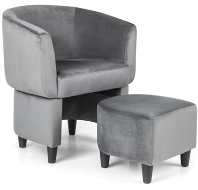GIANTEX Gepolsterter Sessel mit Fußhocker, moderner Loungesessel mit Massivholzrahmen & ergonomischer Rückenlehne & weicher Sitzfläche & rutschfesten Füßen, für Wohnzimmer, Schlafzimmer (Grau)