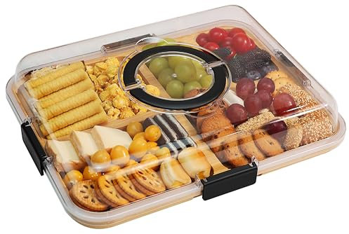 Renmxj Tabla de charcutería con tapa transparente, tabla de queso portátil de viaje, tablas de cortar para cocina, regalos de inauguración de la casa, regalos para mujeres (4 compartimentos, negro)