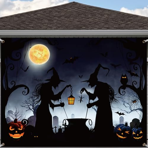 Preboun Décorations de porte de garage d'Halloween à suspendre pour porte de garage d'Halloween, bannière chaudron, toile de fond pour maison, extérieur, intérieur, fête, mur, fenêtre, cour, 2,1 x 2,7