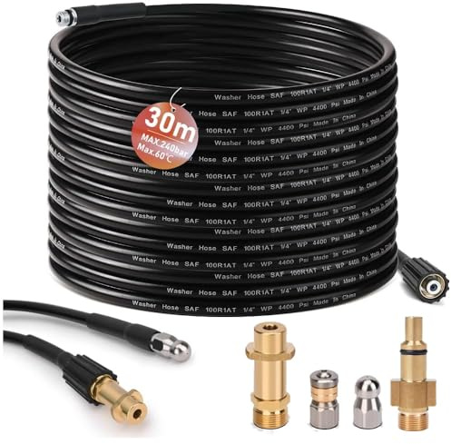 Rohrreinigungsschlauch 30m, mit M22 / Lavor Adapter, Düsen starr+rotierend | Geeignet für Kränzle Kärcher K2-K7 & Lavor, 240bar, 60°C Rohrreinigungsset Hochdruckreiniger Hochdruckschlauch