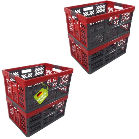 4 x robust professionell – hopfällbar låda 45 till 50 kg – hopfällbar låda, låda, korg för förvaring, transport – röd/antracit