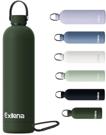 Exllena 1l Water Bottles Metal with Handle Lid and Carabiner, Double Wall Vacuum Drinks Bottle Keeps Drinks Cold 24 Hrs/Hot 12 Hrs, Stainless Steel Water Bottle BPA Free(Pine Green)