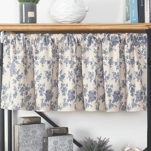 Daesar Vorhang Kurz Blickdicht, Küchengardine Stangendurchzug 150x45CM mit Blau Blumen Muster Scheibengardinen Kurzstores Bistrogardine Landhausstil, Beige 1 Stück