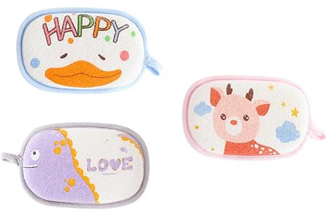 Healeved 3pcs Cartoon Baby Bath Scrubbing Sponges, Children Exfoliating Shower Towels, Soft Newborn Body Scrubbers for Infant Bathing
