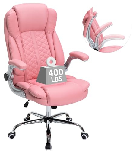 400lbs Executive Office Chair with Flip-Up Armrests, Big and Tall Computer Chair for Heavy People, Heavy Duty Ergonomic Comfy Chair, Breathable PU Leather (Pink)