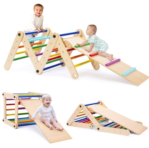 Klettergerüst Indoor, Kletterdreieck mit Rutsche, Montessori Kletterleiter aus Holz mit 20PCS Kletterstange, inkl. doppelseitige Rampe, zum Klettern, Rutschen, Indoor Spielplatz für Kinder ab 1 Jahren
