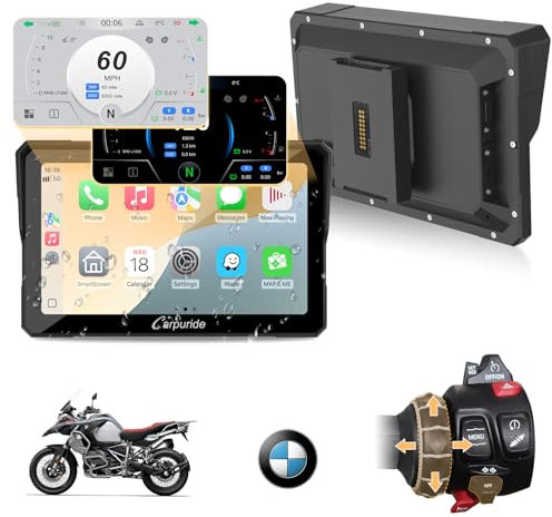 Carpuride W702BS Pro Motorrad Carplay Bildschirm mit Nativ Wonder Wheel für BMW Motorrad, Kabelloses CarPlay & Android Auto, 7 Wasserdichter Touchscreen, Dual Bluetooth, Gegensprech, Datenauslesung.