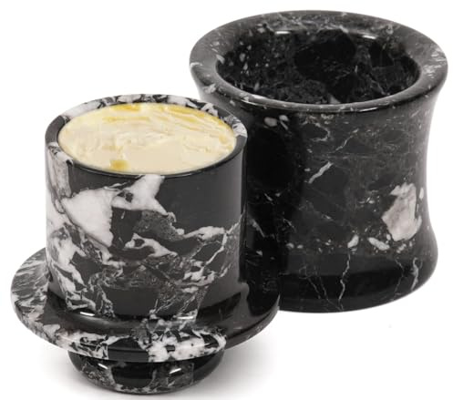 SPESHSTONES Mantequera de mármol con tapa, 10,2 cm, negro, hecha a mano, ideal para regalos y decoración de encimeras de cocina. Mantequera francesa con recipiente para agua y mantequilla
