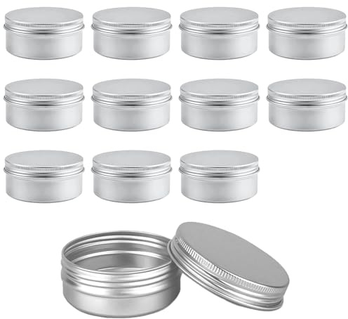 12 PCS 50ML Aluminum Tin Small Jars Empty with Screw Cap Lids, Cosmetics Pots Balm Containers Portable Travel Jar Sample for DIY Crafts Salve Cream Candle