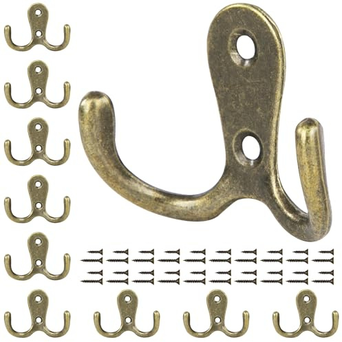 Tunejoy Ganchos Percheros de Pared Gancho para Abrigos de Doble con Tornillo para Colgar Abrigo Sombrero Toalla, Bufanda Bolso Llave 10 Piezas Bronce