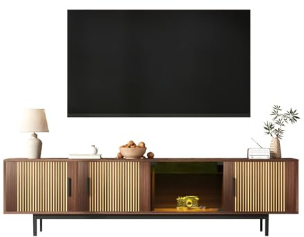 TV-Schrank 200cm Lang, Modern TV Lowboard mit LED-Licht, 3 Gestreifte Türen und 1 Glastüren, Fernsehtisch für Fernseher Bis Zu 80 Zoll, Fernsehschrank für Wohnzimmer, Schlafzimmer, 200x35x53cm