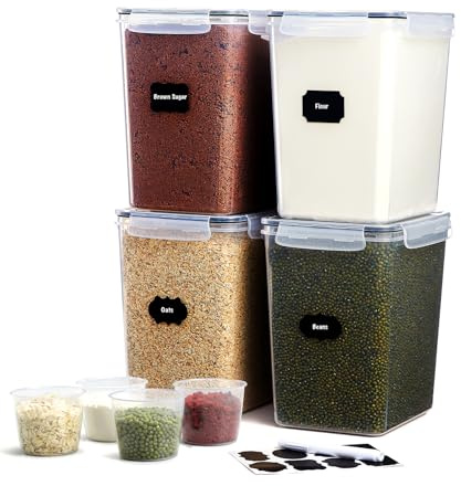 Lifewit Large Flour Food Storage Containers 5.2L/175oz 4PCS with Lids for Cereal, Rice, Sugar, Pasta - Kitchen & Pantry Organization Bulk with Measuring Cups, Labels, BPA free