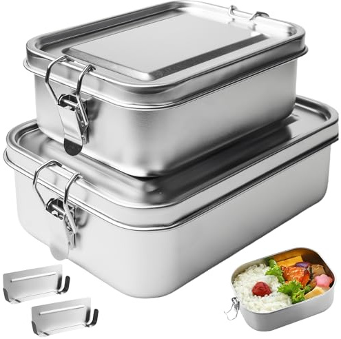 2er Pack 304-Edelstahl Brotdose mit Fächern, 1400 ml & 850 ml Lunchbox Bewegliche Trennwand Leckdichte und Stapelbare Stahl-Bento-Boxen Edelstahl Umweltfreundlich & BPA-frei für Salat Restmahlzeiten