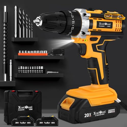 Cordless Drill,20V Battery Drill with 2 Batteries，25+3 Torque, 50N.m Max, 29 Pcs Electric Screwdriver Set for Home and Garden DIY Project