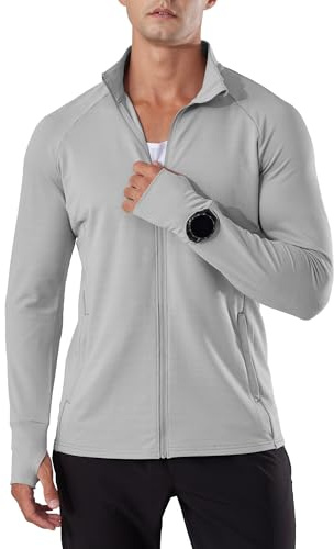Locachy Men's Lightweight Quick Dry Athletic Jacket Full Zip Stand Collar Running Workout Performance Shirt Light Grey M