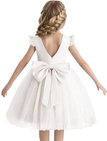 Adigau Abito da damigella d'onore per bambini ragazza abiti da sposa con maniche a balze abiti da sera una linea abito da ballo battesimo 2-10 anni, bianco, 2-3 Anni