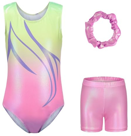 s.lemon 3 Pezzi Body da Ginnastica per Ragazze, Body da Ginnastica Artistica Senza Maniche Con Pantaloncini e Fascia per Capelli, Abbigliamento da Danza Classica Sfumato Scintillante 5-6Y