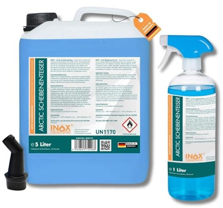 INOX® - Schnell wirkender Scheibenenteiser 5l + 1L Sprühflasche| Effektiver Scheibenenteiser Nachfüller | Scheiben Enteisen ohne Kratzen | Schlierenfreies Scheibenenteisen | Wirksam bis -40 Grad