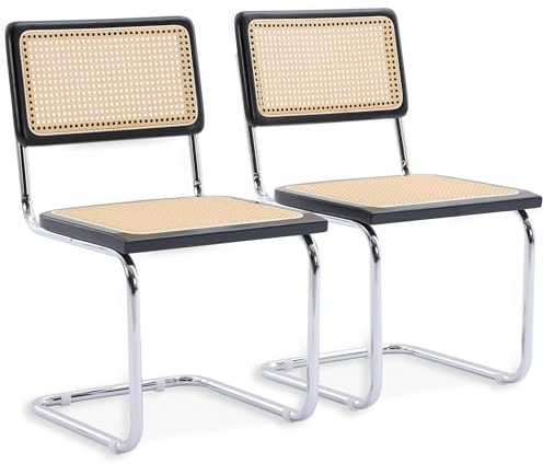 SEEDWAVE 2er-Set Freischwinger Esszimmerstühle mit Rattan-Sitz & Holzrahmen – Moderne Retro Stühle mit Metallrahmen für Küche, Wohnzimmer, Büro, Café