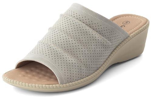 Cushion Walk Extra Wide EEE Fit Sandals for Women, Lightweight Slip-On Peep Toe Low Wedge Ladies Mules with Cushioned Insole, Non-Slip Summer Comfort Shoes