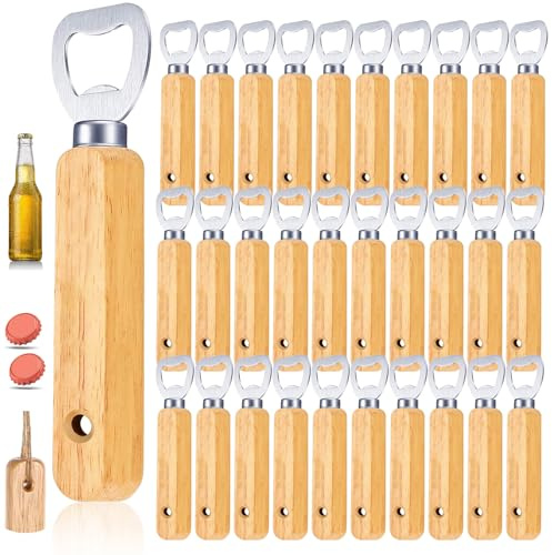 30 Stück Flaschenöffner Holz mit Löchern - Holzgriff Bier Personalisierter Bierdosenöffner mit Holzgriff - Tragbare Kapselheber für Zuhause Outdoor Küche Bar