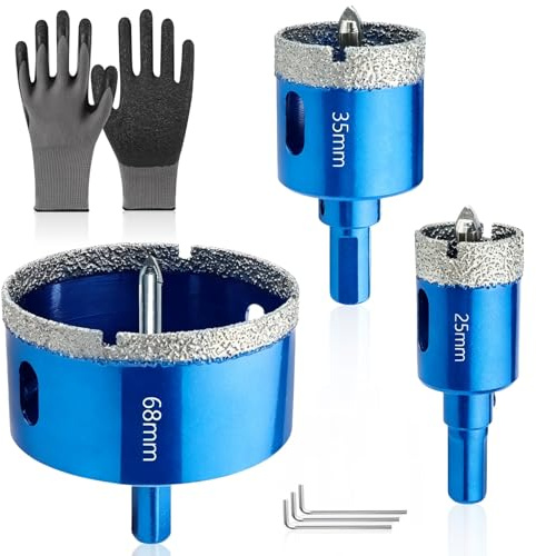 SneiDr Scie Cloche Diamantée 3pcs 25 35 68mm Foret Diamant Carrelage | Scie Cloche Diamant avec Foret de Centrage Tige Triangulaire 9.8mm Clés Allen et Gants Pour Carrelage Marbre Granit Quartz