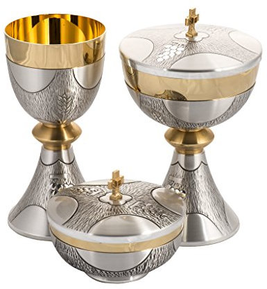Holyart Cáliz, Copón y Patena cincelado Uvas latón, CálizDiámetro Copa Cáliz: 8.5 cm|Diámetro Patena: 11 cm|Diámetro píxide: 12 cm|Altura cáliz: 18 cm|Altura Patena: 9 cm|Altura píxide: 21 cm