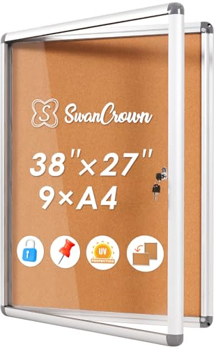 SWANCROWN Tablón de Anuncios Corcho para 9 Hojas A4, con Cerradura, Grande